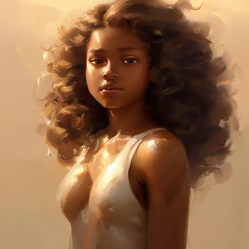 Prompt: Portrait of a young girl, 11, brown skin, black curly flowing hair, hazel brown eyes, wearing a pale yellow dress infinitely extending, perfect features, oil painting effect Krenz Cushart + loish +gaston bussiere +craig mullins, j. c. leyendecker +Artgerm, oil painting texture.