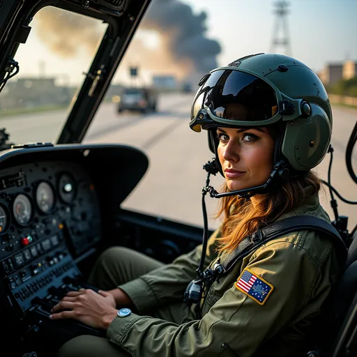 Prompt: Inside the cockpit of an Apache attack helicopter, a female military pilot and her co-pilot, donned in a camouflage flight suits and flight helmets, exude confidence and a grim determination at the controls of their helicopter accentuated by the close-up nature of the seriousness of their environment. The cockpit itself is filled with an array of controls and instruments, showcasing a high-tech interior with a soft, natural light illuminating their faces. The scene conveys a strong sense of teamwork and pride in their roles, reflecting both the challenges and the camaraderie inherent in military service. While outside the aircraft billowing smoke is visible as well as American troops and vehicles.