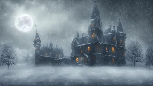 Prompt: Hyperrealistic haunted ghostly eerie foggy Moonlight haunted castle winter storm