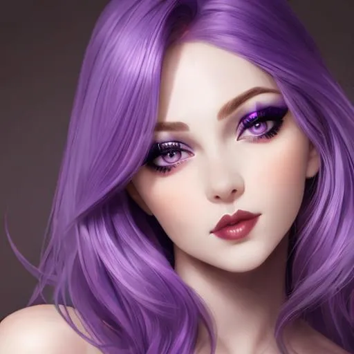 Prompt: Beautiful woman portrait Purple hair, eyes and lips, facial closeup
