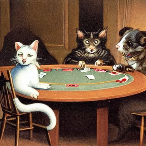 Prompt: a cat playing poker with a dog a rat and a bat