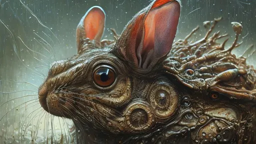 Prompt: Portrait of an incredibly ugly person with the head of an eastern cottontail rabbit. slimy and wet, intricate complexity, horror, psychedelic art, trending on art station, photoreal, 8k, octane render, by Naoto Hattori + Daniel Merriam, dystopian background, tetradic colors dystopian fantastical hyperdetailed cyberpunk