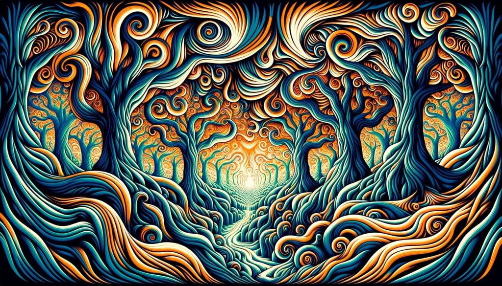 Prompt: Psychedelic optical illusion painting of an epic enchanted forest in a wide ratio. Flowing silhouettes in cyan and amber colors dominate the scene, with elements of woodcut artistry. Magical entities and swirling patterns elevate the fantasy atmosphere.
