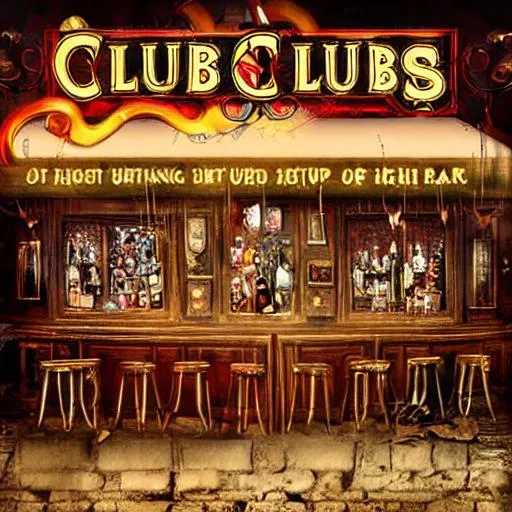 Prompt: storefront of an underground  steampunk bar called the Club of Clubs, fantasy, digital art, high quality, award winning, stunning, depth