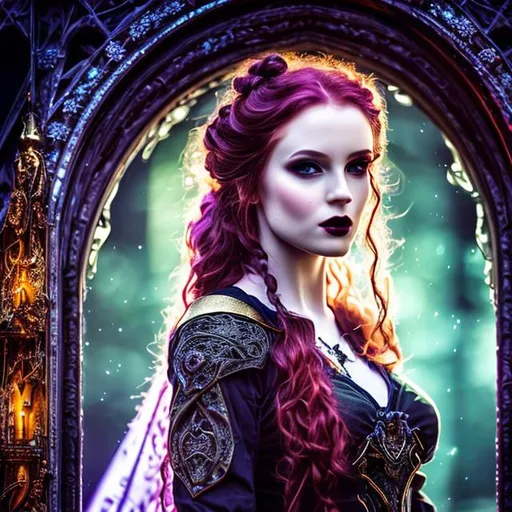 Prompt: HD, 4K, 3D, Stunning, magic, cinematic camera, gothic beauty, ethereal,fairy queen,gothic enchanted, light contrast, long, curly redhead hair, lovely, romantic, tender, purple light, purple and green sunstrails, moon glow, perfect female beauty, intricate, pale traslucent skin, golden ratio, look in camera, gorgeous sinuous body, female body,gorgeous eyes