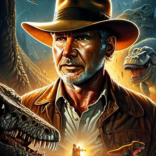 Prompt: ultra realistic illustration, incredibly detailed Harrison Ford face, {{Indiana Jones being chased by a T-Rex}}, intricate, elegant, highly detailed, digital painting, artstation, concept art, smooth, sharp focus, illustration, art by artgerm and greg rutkowski and drew struzan