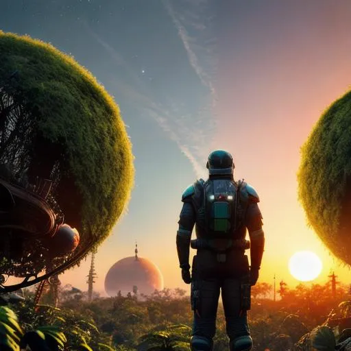 Prompt: Humans looking at the sunset on a overgrown alien jungle planet and two moons, 4k, uhd, realistic