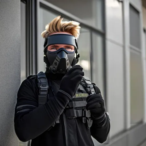 Prompt: a photo of a white genetically modified teenage supersoldier wearing all black combat gear with full finger tactical gloves and a mask with a visor that  covers just his face leaving his hair styled in a faux hawk visible , make it in full body perspective
