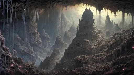 Prompt: Adrian smith, landscape, in caverns deep beneath the earth many eyes watch from the dark 