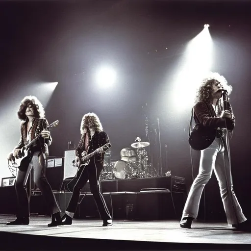 Prompt: A portrait of the band Led Zeppelin in concert from 1973

