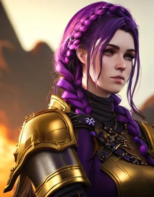 Prompt: Digital art, 20-year-old woman viking, dark purple hair, one braid, light blue eyes, black gear, gold armor, unreal engine 8k octane, 3d lighting, full body, full armor