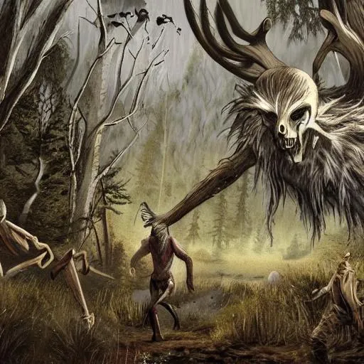 Prompt: a wendigo hunting down a human in a woodland landscape with other cryptids in the background 