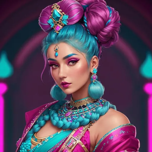 Prompt: An extremely gorgeous woman,  with top knots full of cyan jewels, in color scheme of cyan and magenta