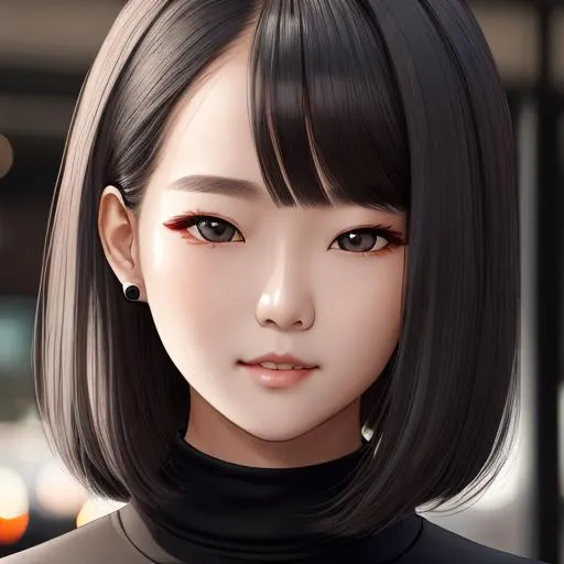 Prompt: pretty young girl wearing a black turtlneck, facial closeup