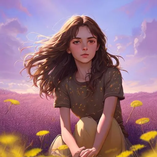 Prompt: A super detailed 8k quality HD professional painting of a sun kissed girl with dark brown hair sitting in a sun lit field of heather surrounded by floating dandelions, graphic novel art style 