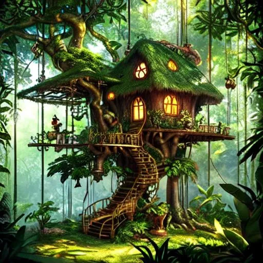 Prompt: tree house in a jungle sunlight pouring by the trees elves walking around