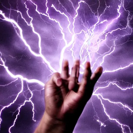 Prompt: Thunder god shooting purple lightning from his fingers