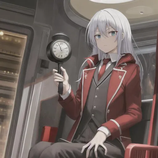 Prompt: Limbus_company, clock_head, bus, sit, dark,head_is_clock,clock_man, red_coat, red_clock_watch, clock_watch_head, red_necktie, dante, head is clock, clock head, sky-blue_eyes, white hair, girl