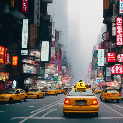 Prompt: A taxi running in the city of Taipei, street scene, poolsuite style,soft light, intricate, film grain, professional, fog, shot by canon eos r5,