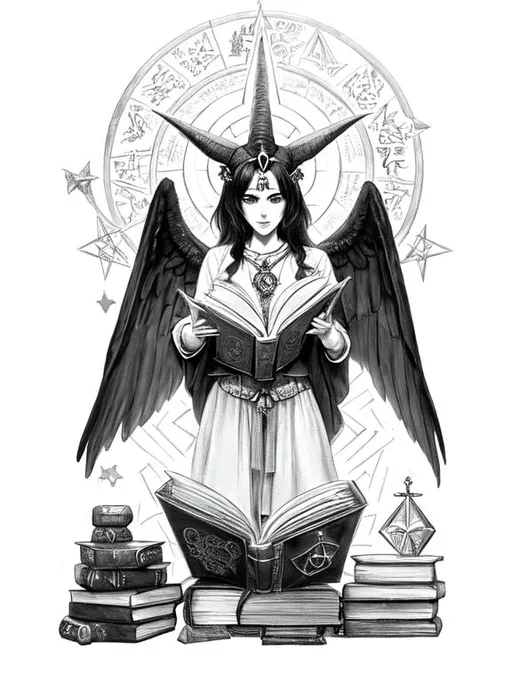 Prompt: baphomet, winona ryder, book, dark haired cleric holding a book, dark haired woman chanting a spell, chanting a spell, runes, stone floor, ritual, magical background, realistic eyes, dungeons & dragons art, fantasy art, dark art, gloomy, templars, esoteric sigils, mist, grey light