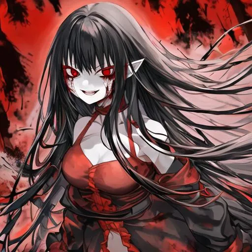 Prompt: HD, anime girl with long flowing black hair and red eyes, she wears red and black clothes and has a scary smile and blood on her face