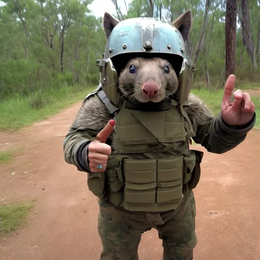 Prompt: Wombat in a combat helmet raising middle finger
