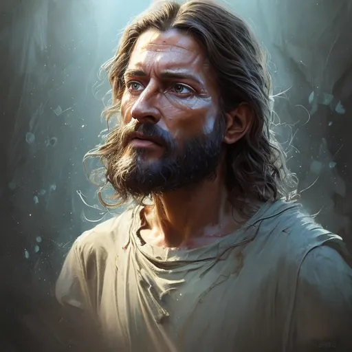 Prompt: {{{{highest quality concept art masterpiece}}}} digital drawing oil painting with {{visible textured brush strokes}}, Jesus Christ, 30 
years old, photorealistic face, digital painting, artstation, illustration, concept art, smooth, sharp focus, {{hyperrealistic intricate perfect brown long hair}} and {{hyperrealistic perfect clear bright blue eyes}}, epic fantasy, perfect composition approaching perfection, hyperrealistic intricate mirrored room in background, cinematic volumetric dramatic dramatic studio 3d glamour lighting, backlit backlight, 128k UHD HDR HD, professional long shot photography, unreal engine octane render trending on artstation, sharp focus, occlusion, centered, symmetry, ultimate, shadows, highlights, contrast