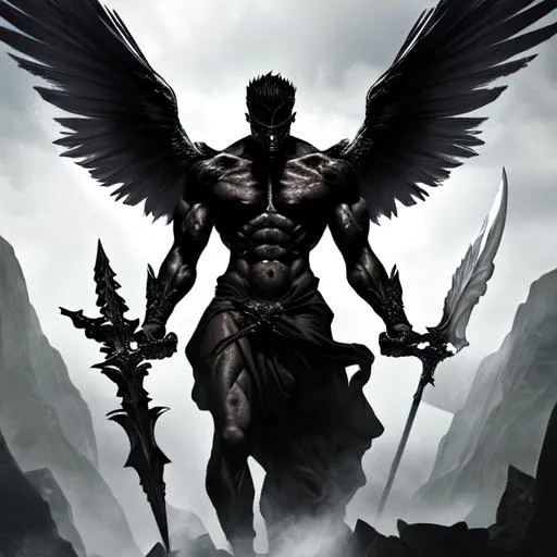 Prompt: High quality image of a male Dark Angel the size of a mountain armed with a spear, with demonic aurae surrounding it
