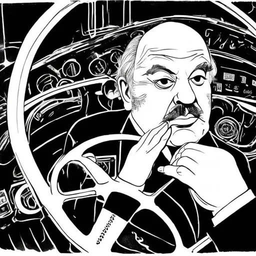 Prompt: black and white illustration of a man behind a steering wheel in the style of al hirschfeld