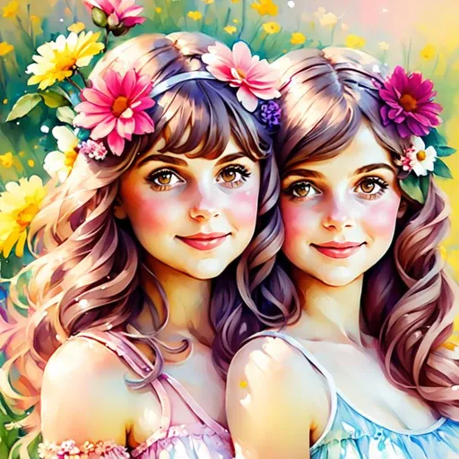 Prompt: two  cute girls, flowers in hair, surrounded by flowers
