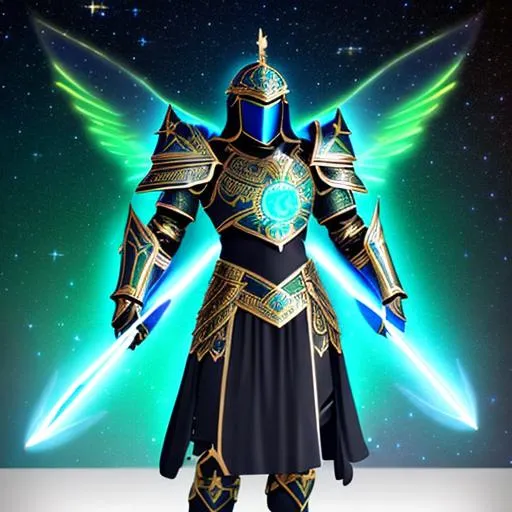 Prompt: black, blue and green Astral Arabian/Ancient Greek style lightweight plated ranger armor covered with many glowing stars. on an armor stand.