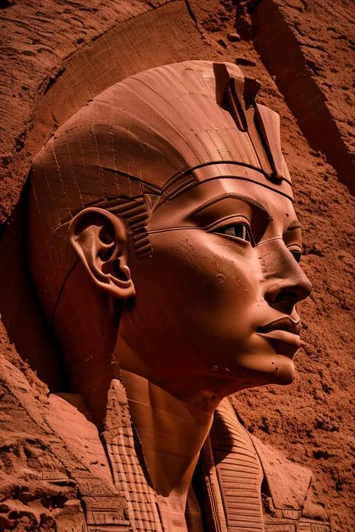 Prompt: Hyperrealistic photography, red clay surface, portrait of the pharaoh in profile in low relief, like a space pilot, beautiful detailed face, centered shot, centered in frame, Intricately detailed, Intricate design cinematic lighting