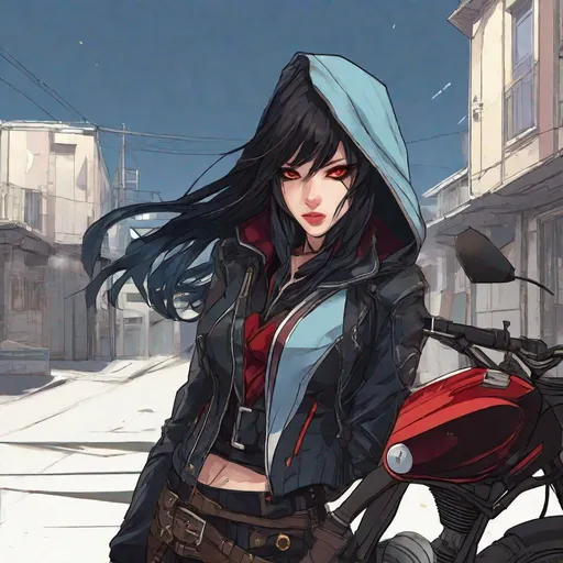 Prompt: two thirds body profile, anime style, a cute young female vistani arcane trickster rogue, burgundy eyes pupils and lips:6, pale skin, long wavy black hair with a blue stripe, skinny, punk clothes, holding a motorcycle helmet confident expression, wearing a gold inlaid hood, standing next to a motorcycle, two thirds body, combination of burgundy and red and gold and black color scheme, pretty and innocent looking, fierce, devious, dangerous, bad girl, style of courier, cool nighttime tokyo city atmosphere, style of vampire, manga style, style of Studio Ghibli, extremely detailed print by Hayao Miyazaki,