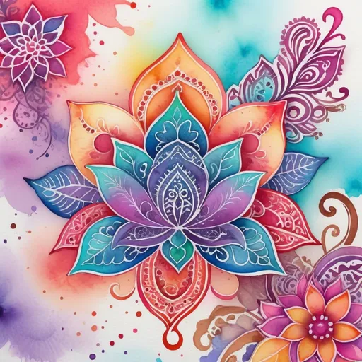 Prompt: Kawaii watercolor artistic patterns with Henna art inspired embellishments and Flourishes, bright vibrant colors, Highly detailed, popping vibrant colors, Gradient Colors, Intricate details, Highly textured