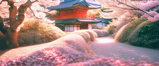 Prompt: Japanese house in cherry blossom forest at dawn