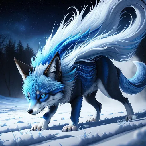 Prompt: (masterpiece, professional oil painting, epic digital art, best quality, highly detailed:1.5), extremely beautiful blue vixen ((fox)), (canine quadruped), female, adolescent, ice elemental, deep royal blue fur covered in frost, (bashful hypnotic sapphire blue eyes), 8k eyes, sprawled on frosted field, insanely beautiful, gorgeous billowing silver mane covered in frost, (plump:2), brightly glistening fur, thick silky glistening mane, by Anne Stokes, by Yuino Chiri, mid close up, detailed smiling face, finely detailed fur, hyper detailed fur, (soft silky insanely detailed fur), moonlight beaming through clouds, grassy field covered in frost, fluffy fox ears, highly detailed mouth, cool colors, beaming sun, professional, symmetric, golden ratio, unreal engine, depth, volumetric lighting, rich oil medium, (brilliant auroras), (ice storm), full body focus, beautifully detailed background, highly detailed defined furry legs, cinematic, 64K, UHD, intricate detail, high quality, high detail, masterpiece, intricate facial detail, high quality, detailed face, intricate quality, intricate eye detail, highly detailed, high resolution scan, intricate detailed, highly detailed face, very detailed, high resolution