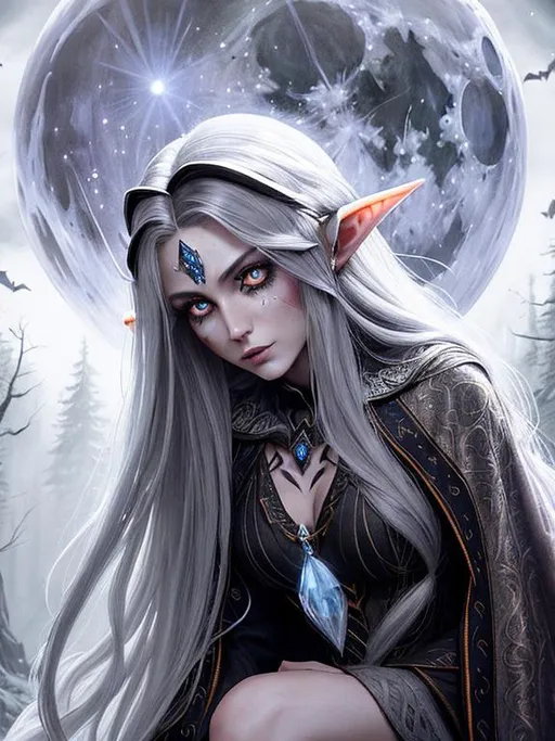 Prompt: Spooky, Eerie, Spectacular, cinematic, 3D, HD, Beautiful!! {female}Wood Elf dressed as wizard, detailed gorgeous face, Beautiful big {heart-shaped}reflective eyes, long flowing hair, expansive Magical Forest background, Full Moon, ultra detailed full body artistic photography, Gorgeous detailed face, shadows, oil on canvas, brush strokes, ultra sharp focus, ominous, matte painting movie poster, golden ratio, epic, intricate, cinematic character render, hyper realistic, 64K --s98500