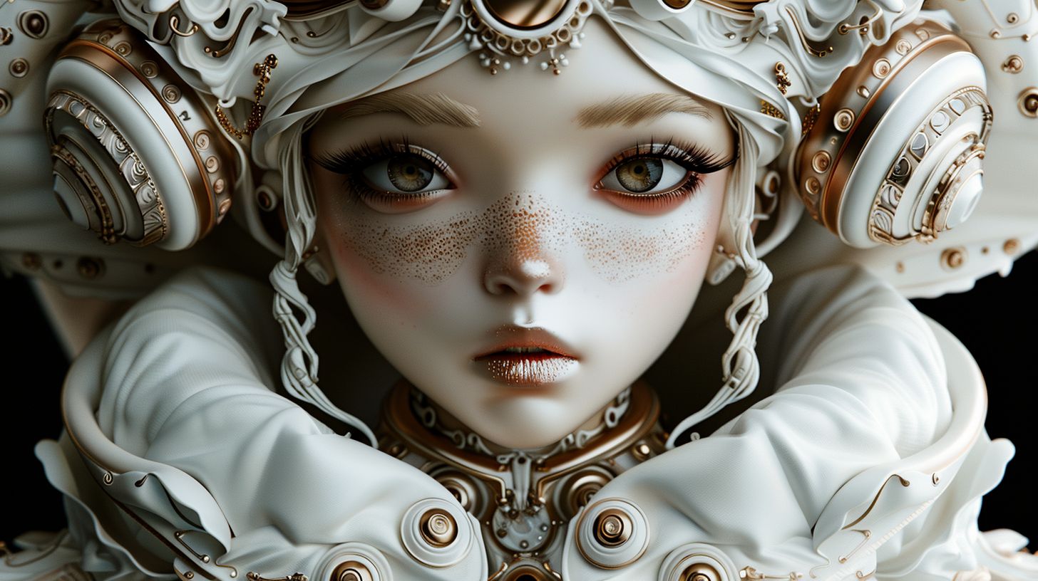 Prompt: A blend of the past and future, this close-up captures a white robot girl in a dark beige and white color palette. Her design, rich with metal and technology, exudes Victorian elegance. The emotive expression on her face, coupled with the sleek metallic finish and bold saturation, pays homage to the style of classicist innovators --ar 16:9 --style raw --sref https://s.mj.run/BdTBSZzPmng --stylize 500