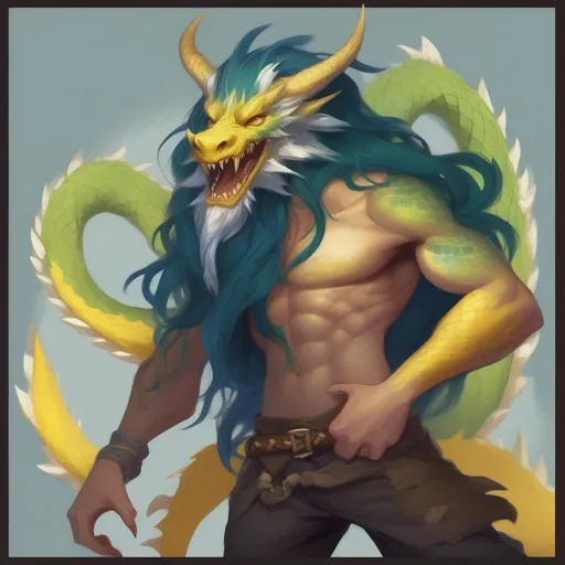 Prompt: dnd a half-dragon man with long, messy dark blue hair, yellow dragon like eyes, cute sharp fangs, long white horns, bluish green scales on his cheeks and neck and chest wearing brown pants and no shirt