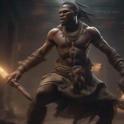Prompt: A dark evil African warrior fighting monsters, magic glowing, concept art, dystopia, orientalist, full body, dynamic, pose,  insane detail, detailed, worn, cinematic, hyper realism, realistic proportions, dramatic lighting, high detail 4 k, artstation