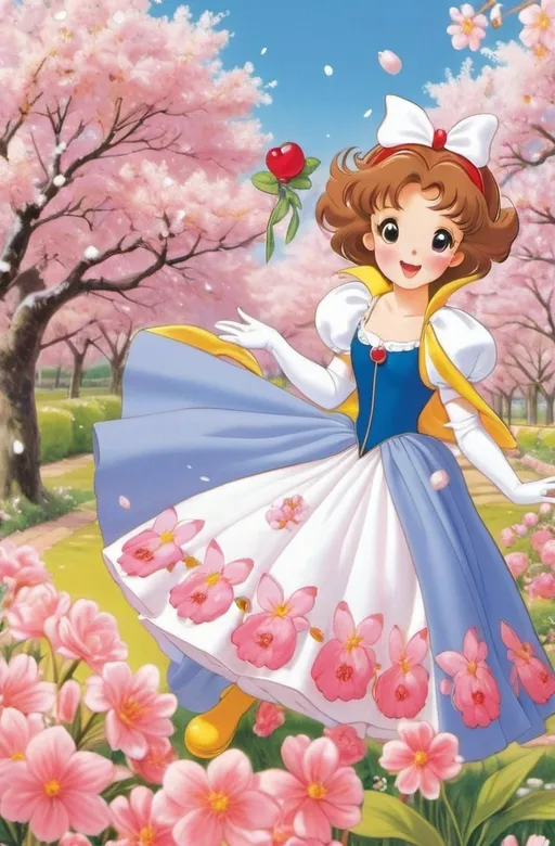 Prompt: kinomoto sakura, garden, flowers, two side up, dressing up as Snow White from Disney,
((Dress)), happy, open mouth,CLAMP, shojo, shoujo, manga, cute, pastel, soft, sakura, kinomoto,
Cardcaptor Sakura, 1990s anime series or manga,