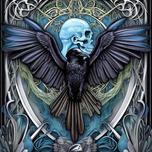 Prompt: in style of  Art Nouveau,
ultra realistic, photo picture with black raven and in background dark blue butterfly's that have picture of skull on their wings, digital art style