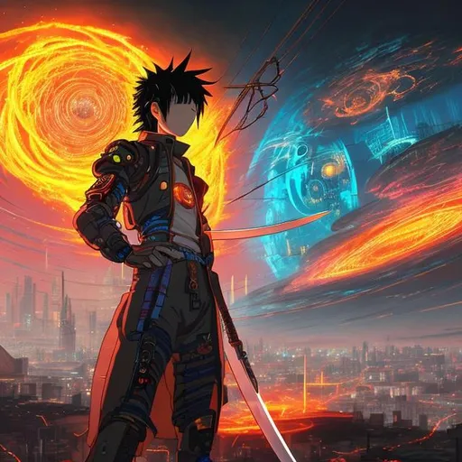 Prompt: {{anime cyberpunk swordsman standing in a ring of fire looking intently at the viewer}}, outer space background, highly detailed, hayao miyazaki