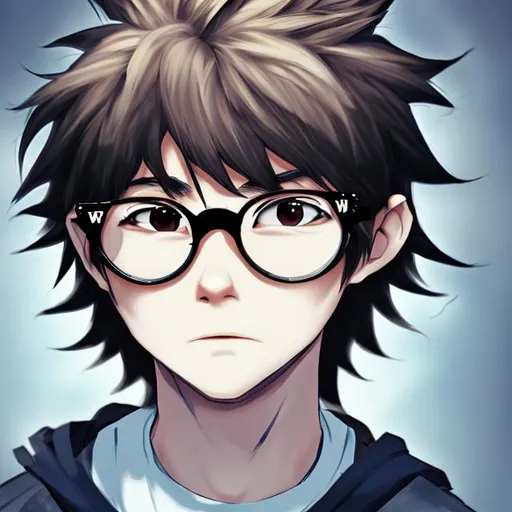 Prompt: portrait of an anime boy with round glasses, wolfcut 