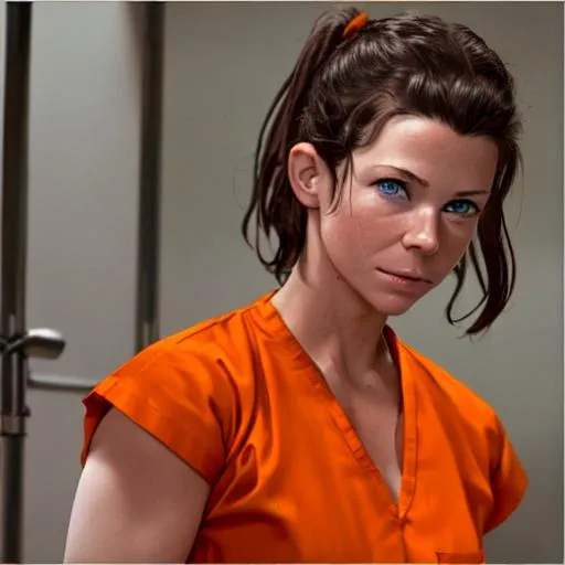 Prompt: young Evangeline lilly in prison wearing orange scrubs prison uniform