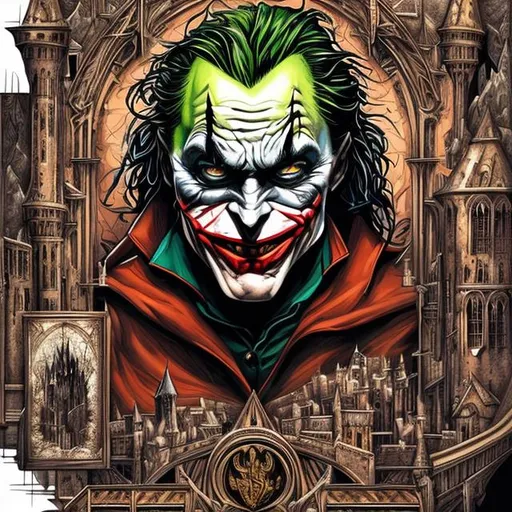 Prompt: comic style artwork, highly detailed, Hogwarts, realistic, symmetrical, Batman, Joker, comic book cover, symmetrical, vibrant
