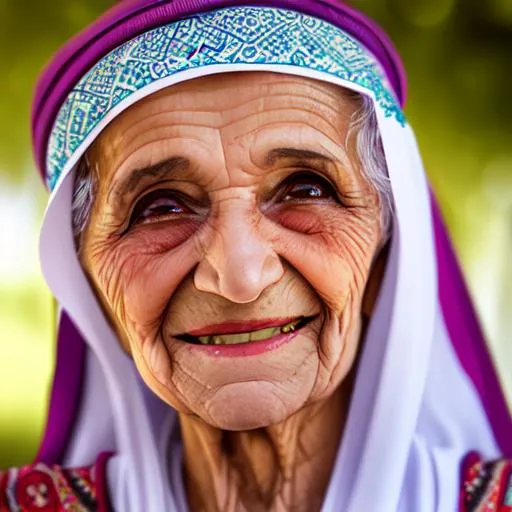 Prompt: Close-up portrait
photo of an
elderly middle
eastern woman
smiling, bokeh