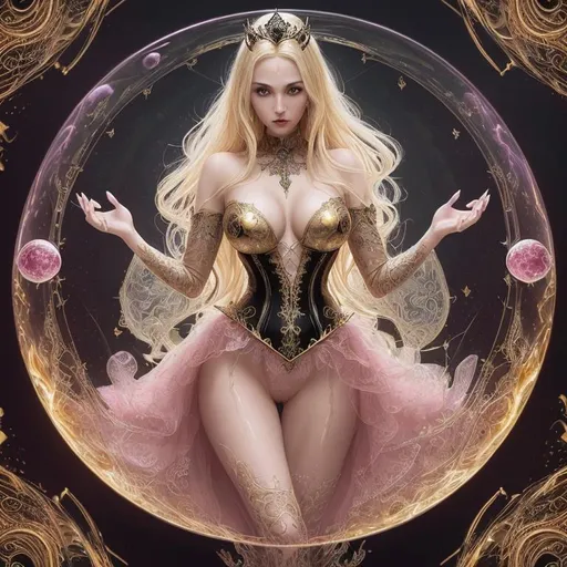 Prompt: Create Splashart, a fantasy style ultra Intricate, ultra realistic intricately detailed image of a gothic princess floating in a glass bubble with golden elements built inside of it.

focused on a full body, stunningly beautiful, exoticly gorgeous, perfect young slender body, blonde hair, gothic princess, intricately detailed pink tinged skin, proportionate cleavage, long pink finger nails, wearing a large iron slave collar, silk Sorceress uniform, casting magic fire to see,

Professional Photo Realistic Image, RAW, artstation, splash style dark fractal paint, contour, hyper detailed, intricately detailed, unreal engine, fantastical, intricate detail, steam screen, complementary colors, fantasy concept art, 8k resolution, deviantart masterpiece, splash arts, ultra details Ultra realistic, hi res, UHD, 64k, 2D art rendering, depth of field 4.0, APSC, ISO 900,