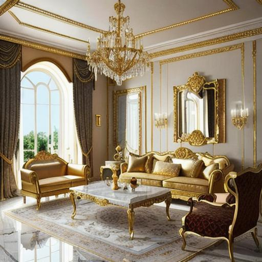 gold lighted living room, big windows, mansion, gold...