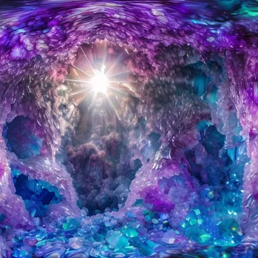 Prompt: In the heart of the crystal geode, a mesmerizing panorama of exquisite gemstones comes alive, refracting soft, iridescent hues across the intricate facets. The crystals, like frozen watercolors, gleam with an inner light, casting a serene glow that bathes the cavernous chamber. As you peer closer, a delicate and alluring image begins to emerge—a faint silhouette of a woman's face, her features ethereal and graceful, delicately etched within the crystalline tapestry. Her presence seems to meld seamlessly with the mineral world, creating an enchanting fusion of the earthly and the sublime.